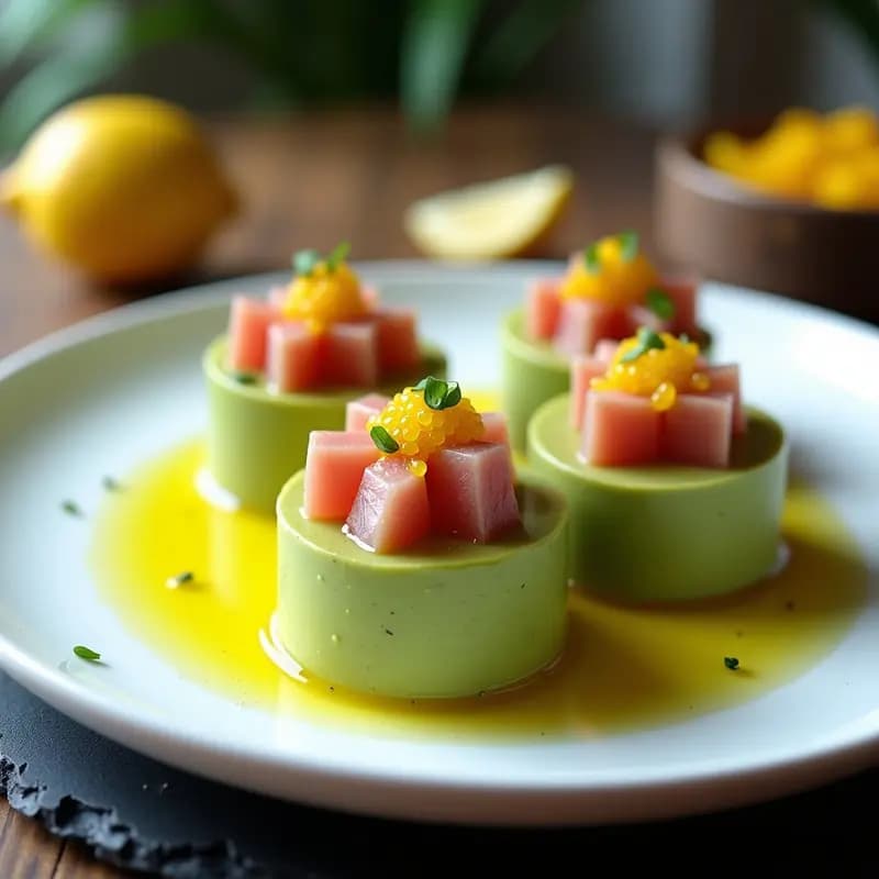 Timbales de Atún con Puré de Aguacate y Caviar de Limón: Entrante Francés Keto y Sin Lácteos