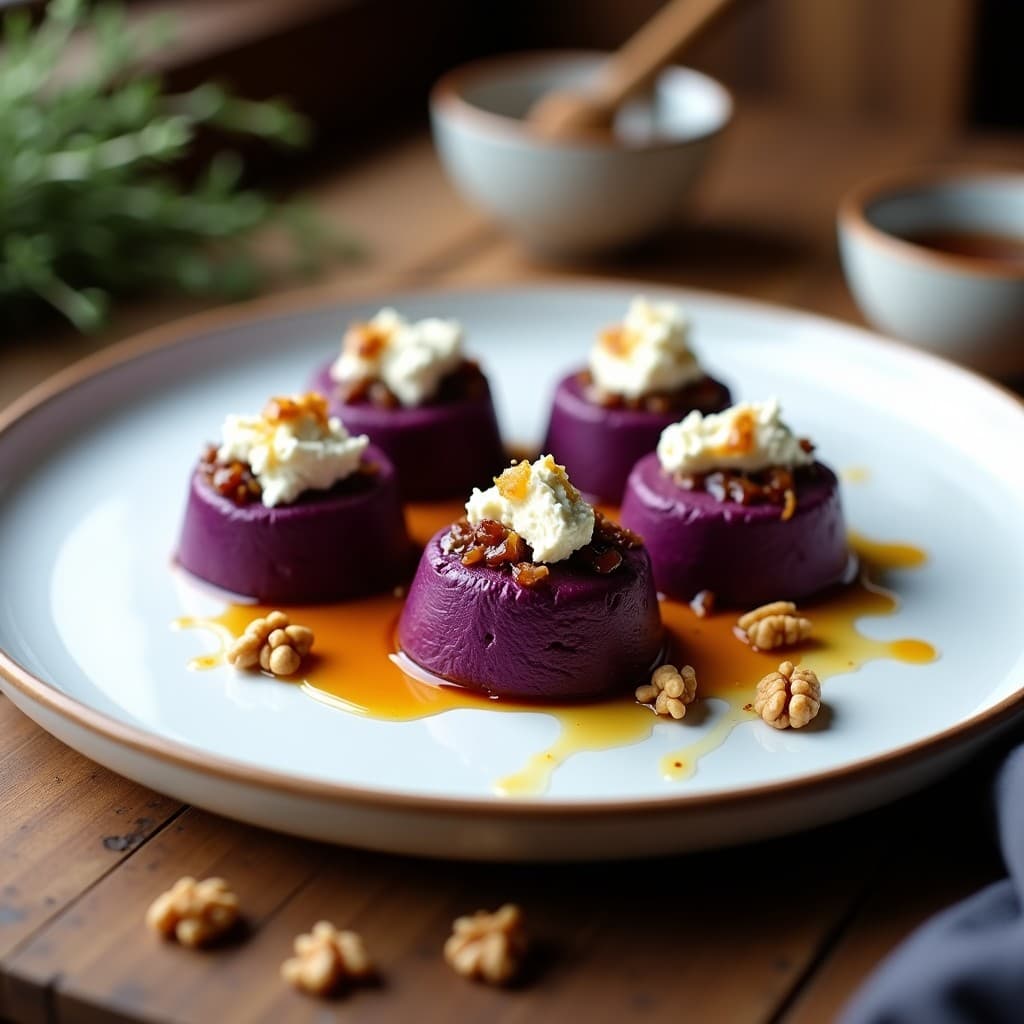 Timbales de Puré de Boniato Morado y Queso de Cabra: Entrante gourmet sin gluten