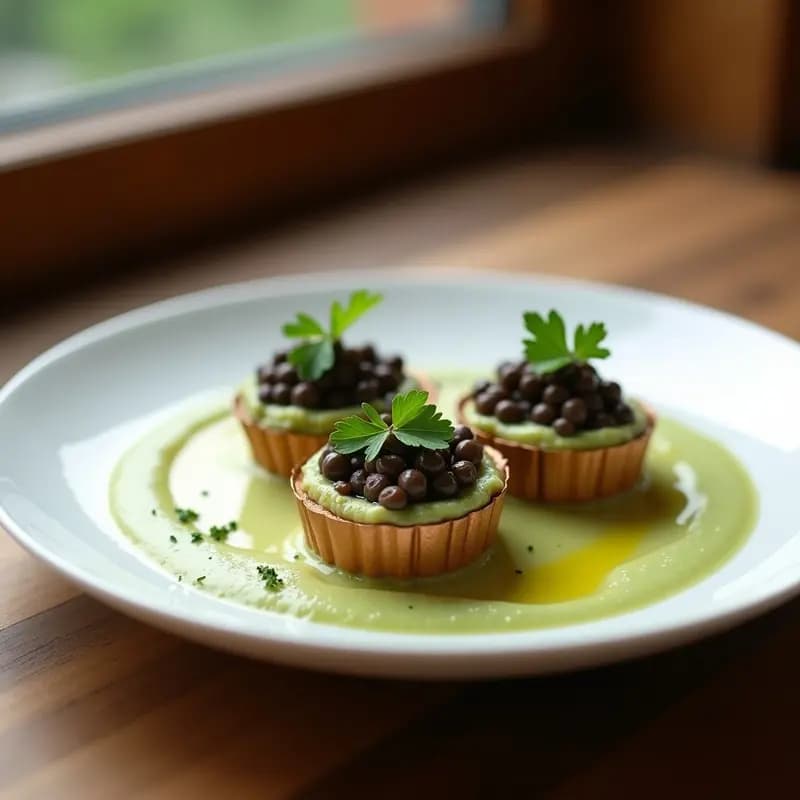 Timbales de Lentejas Beluga y Puré de Apio: Receta Francesa Gourmet en Molde