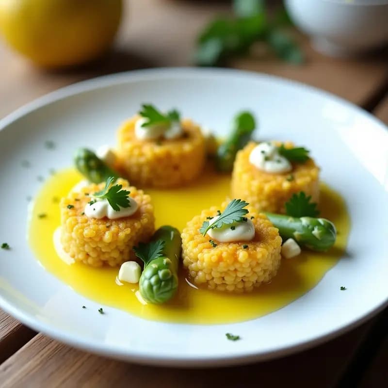 Timbales de Quinoa con Crema de Cúrcuma y Espárragos Blancos: Entrante Vegano Gourmet en Thermomix