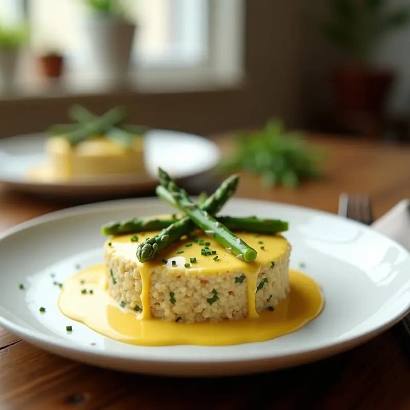 Timbales de quinoa y espárragos con salsa holandesa: Entrante francés elegante