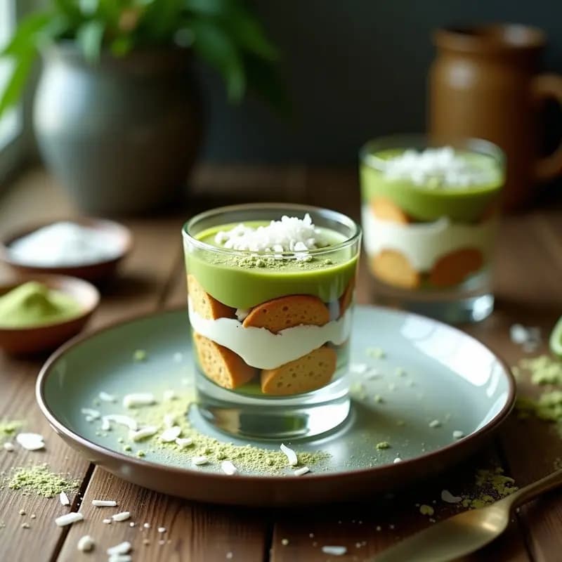 Tiramisu de Matcha y Coconut con Capas de Biscocho de Almendra: Postre Japo-Italiano Sin Horno