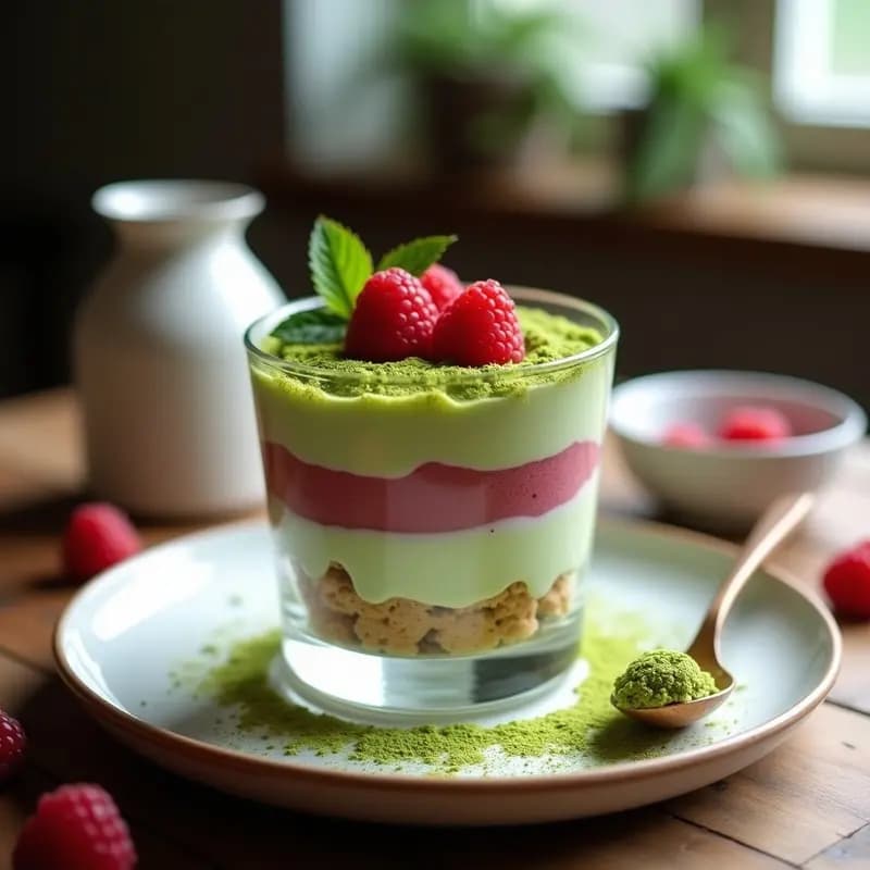 Tiramisú de Matcha y Frambuesas: Postre Italo-Japonés Sin Lactosa y Bajas Calorías