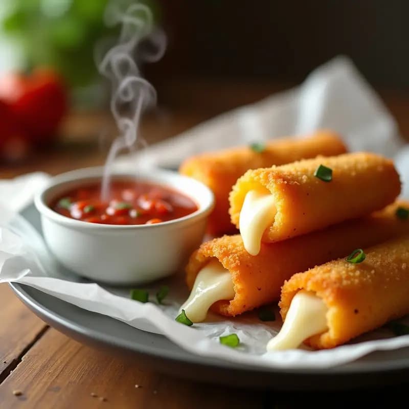 Tiras de queso mozzarella empanizadas con salsa marinara: Aperitivo crujiente y adictivo