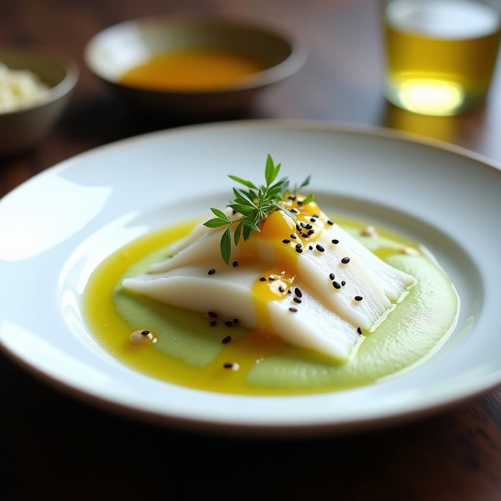 Tiritas de Merluza con Puré de Apio y Vinagreta de Yuzu: Receta Japonesa Keto en 20 Minutos