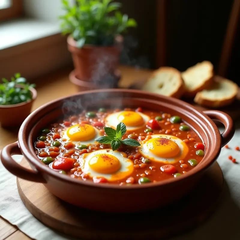 Tiznao Extremeño: Pisto de Tomate y Pimiento con Huevos Escalfados