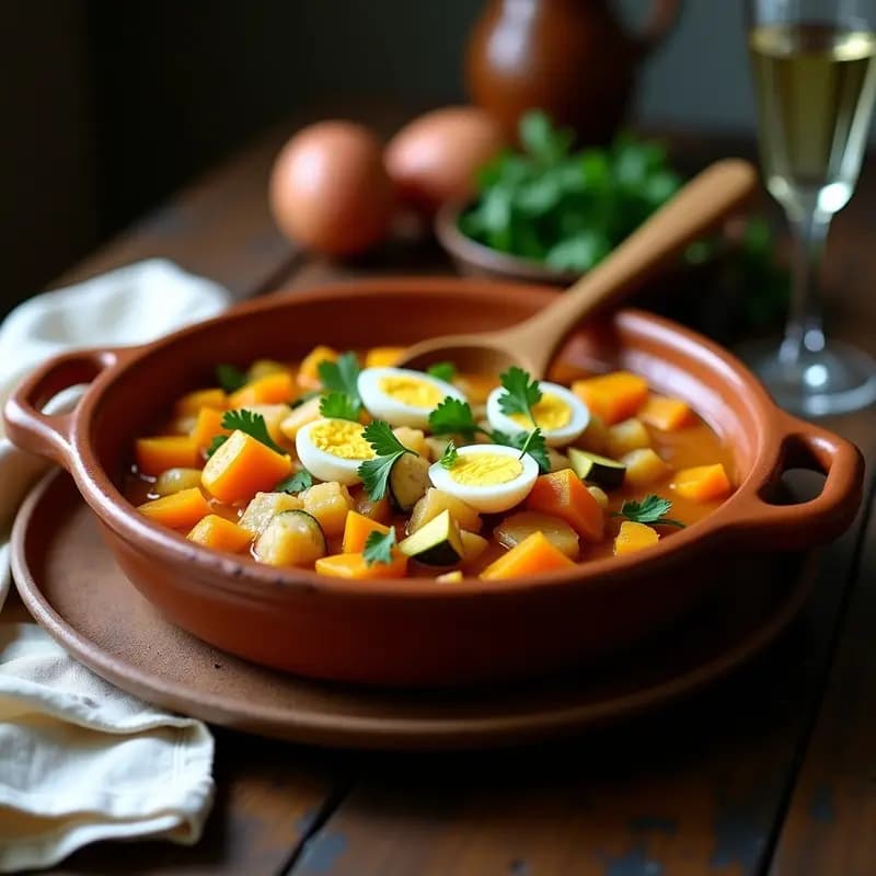 Tiznao Manchego: Pisto de Calabaza y Calabacín con Bacalao Desalado