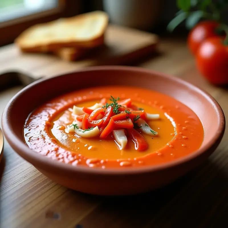 Tiznao Murciano: Crema Fría de Tomate, Pimiento y Bacalao