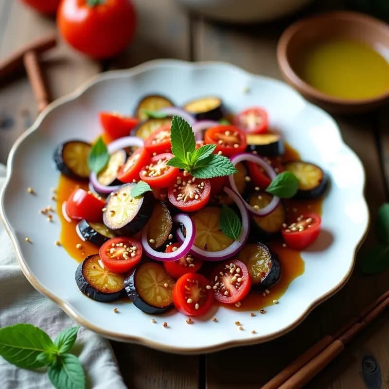 Tnin al Makhfiya: Ensalada Marroquí de Berenjena Asada y Tomate con Vinagreta de Comino