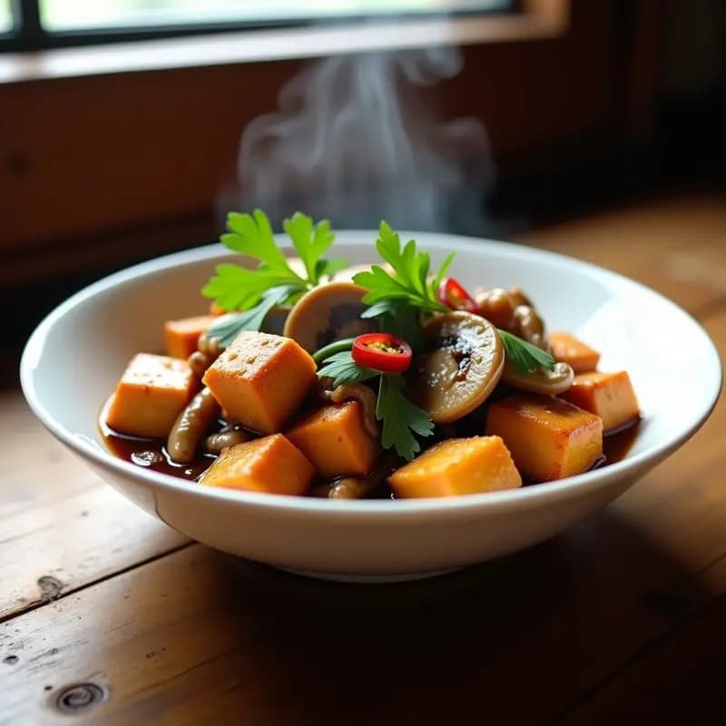 Tokwa’t Baboy Vegano con Tofu y Champiñones: Receta Filipina en Salsa Agridulce