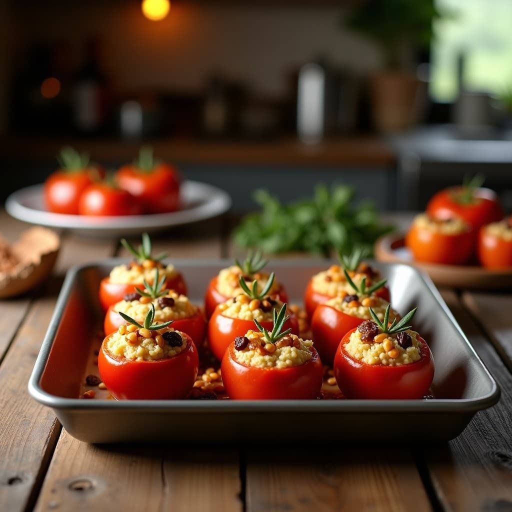 Tomates Rellenos de Bulgur y Queso Feta con Reducción de Pedro Ximénez: Entrante Español al Horno