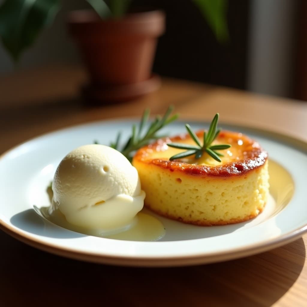Torta de Aceite de Oliva y Romero con Helado de Queso de Cabra: Postre Andaluz Sin Azúcar