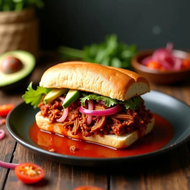 Ahogada de carnitas de seitán: Sandwich Mexicano Vegano con Jitomate y Cebolla Encurtida
