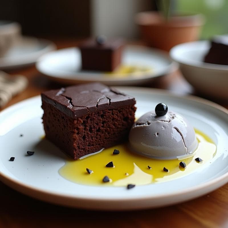 Torta de Chocolate y Aceite de Oliva con Helado de Aceituna Negra: Postre griego sin gluten
