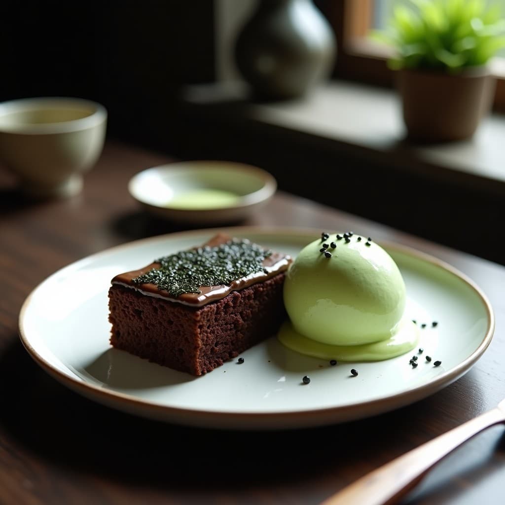 Torta de Chocolate y Algas Nori con Helado de Wasabi: Postre Japonés Dulce-Salado