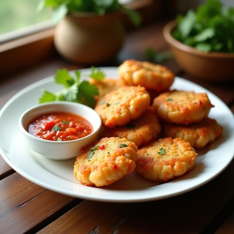 Tortas de Camarón y Harina de Arroz con Dip de Salsa Golpeada: Receta Tailandesa Crujiente y Picante