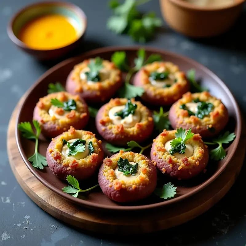 Tortas de Papa Morada Rellenas de Queso de Castaña y Espinacas: Aperitivo Peruano Vegano