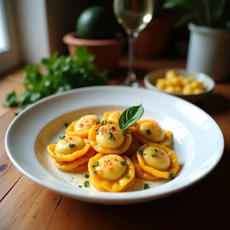 Tortelli di Zucca al Forno: Raviolis Italianos de Calabaza Asados con Salvia y Mantequilla de Anacardos