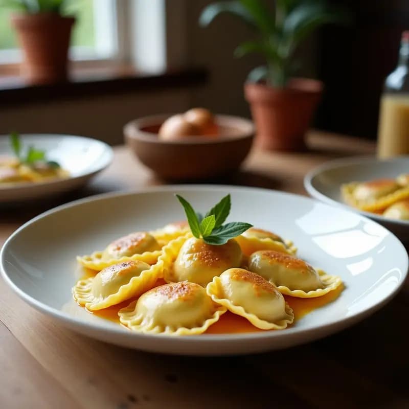Tortelli di Zucca Italianos: Raviolis de Calabaza y Ricotta con Salsa de Nougat