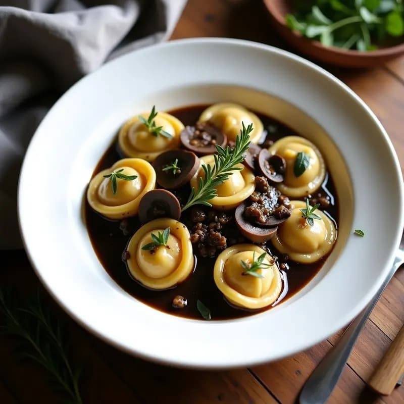 Tortellini de Champiñones Portobello con Crema de Ajo Negro: Receta Italiana Vegana
