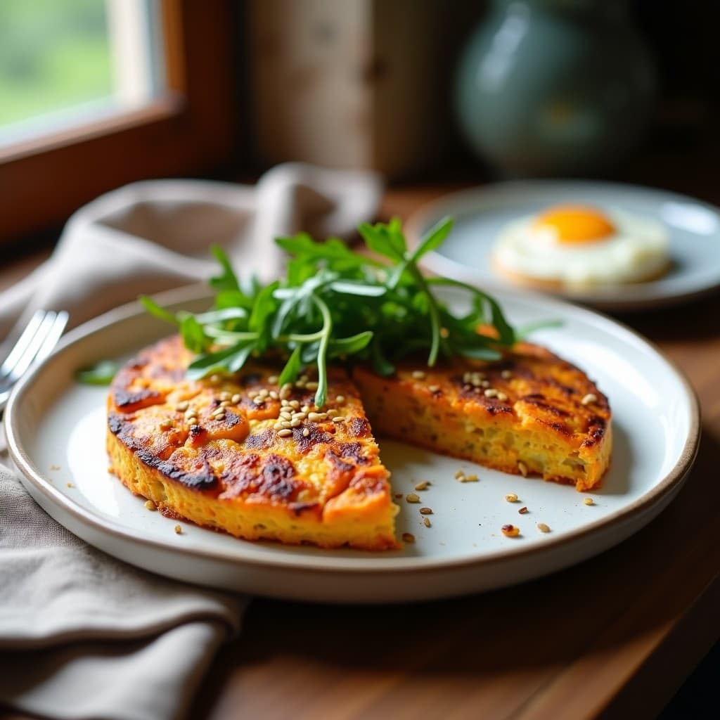 Tortilla de Batata y Cebolla Caramelizada con Rúcula: Desayuno Sin Gluten y Vegano