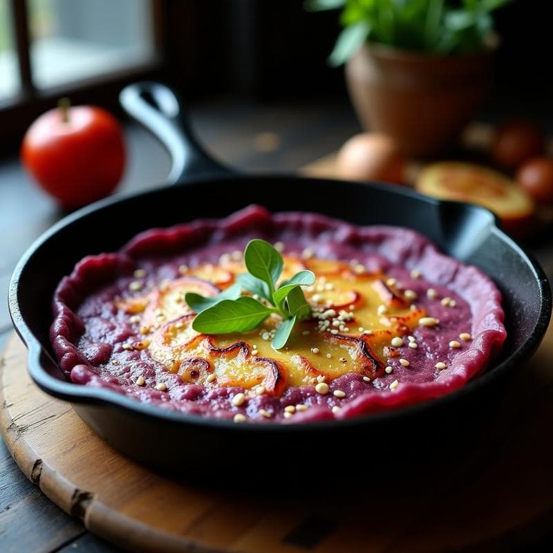 Tortilla de Batata Morada y Cebolla Caramelizada: Receta Vegana y Colorida en Sartén