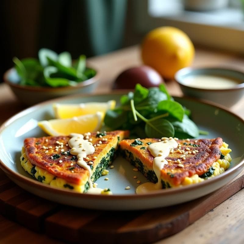 Tortilla de Batata Morada y Espinacas con Tahini: Desayuno Vegano en Airfryer
