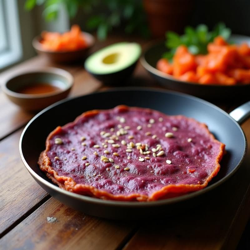 Tortilla de Batata Morada y Kimchi: Desayuno Coreano Vegano y Probiótico en 10 Minutos