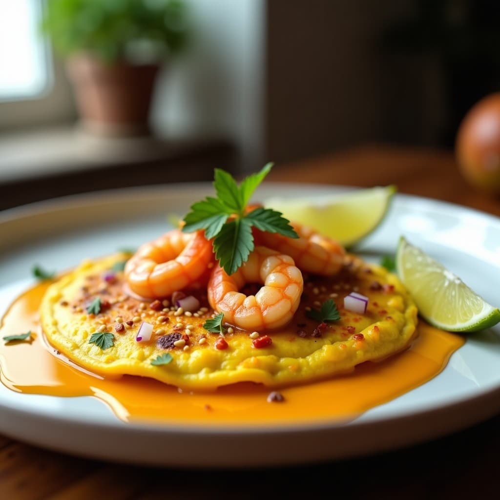 Tortilla de Camarón y Cúrcuma con Salsa de Mango: Desayuno Proteico y Antiinflamatorio