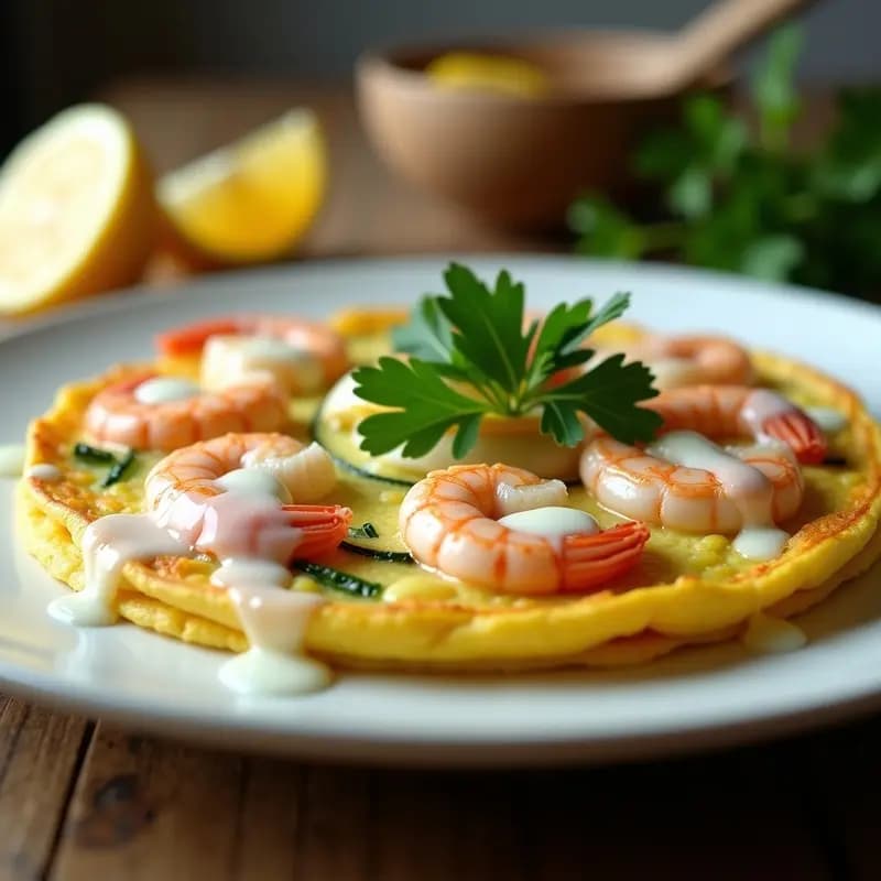 Tortilla de Camarones y Calabacín con Aire de Limón: Receta Española Gourmet en Sartén