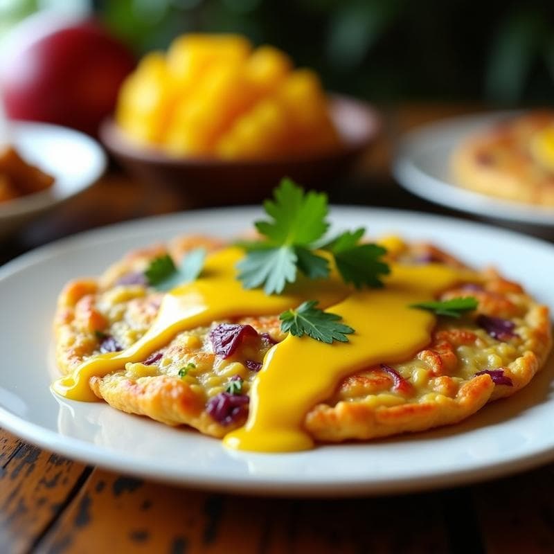 Tortilla de Camarones y Cebolla Morada con Aderezo de Mango: Receta en Airfryer con Toque Caribeño