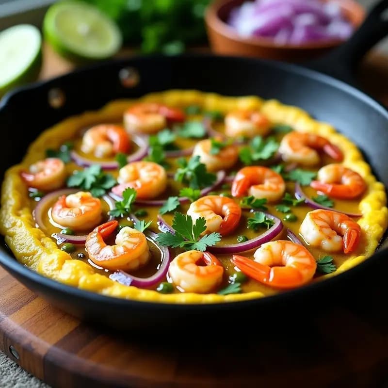 Tortilla de Camarones y Cebolla Morada con Ají Verde: Receta Peruana en Sartén