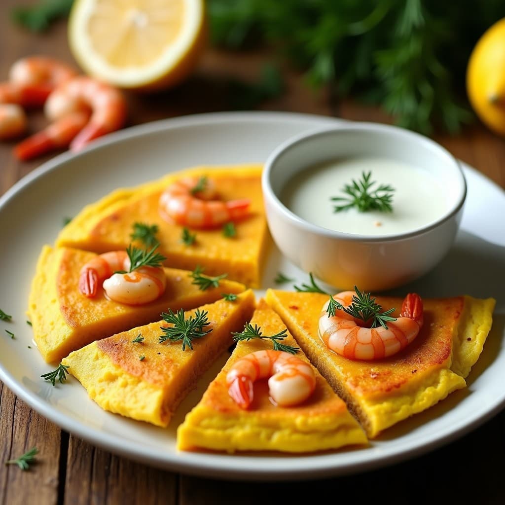 Tortilla de Camarones y Cúrcuma con Salsa de Yogur y Eneldo: Receta de Bangladesh en 15 Minutos