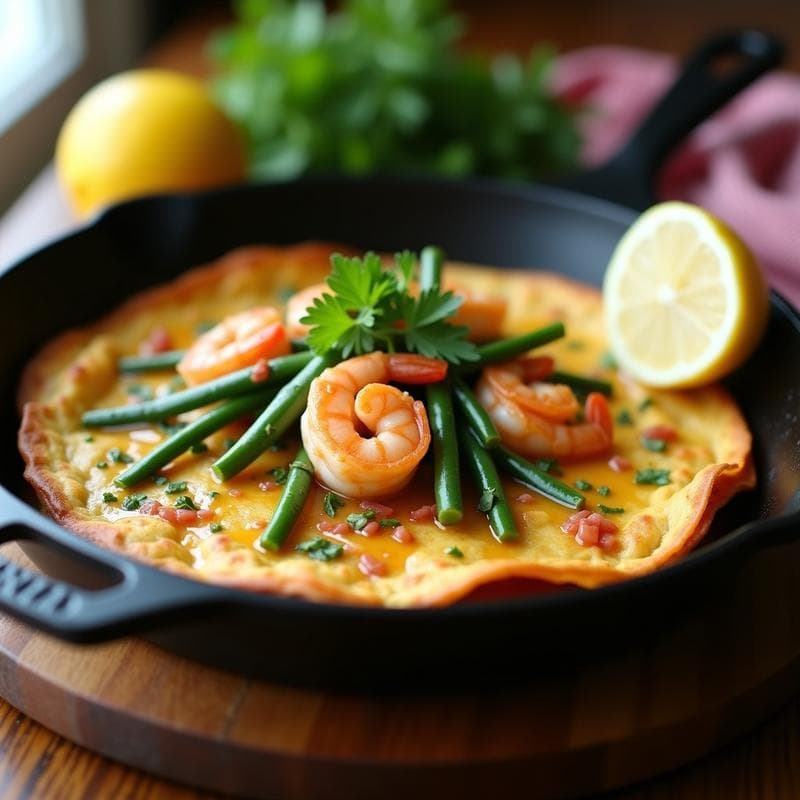 Tortilla de Camarones y Ejotes con Salsa de Ajo: Receta Peruana en Sartén Antiadherente