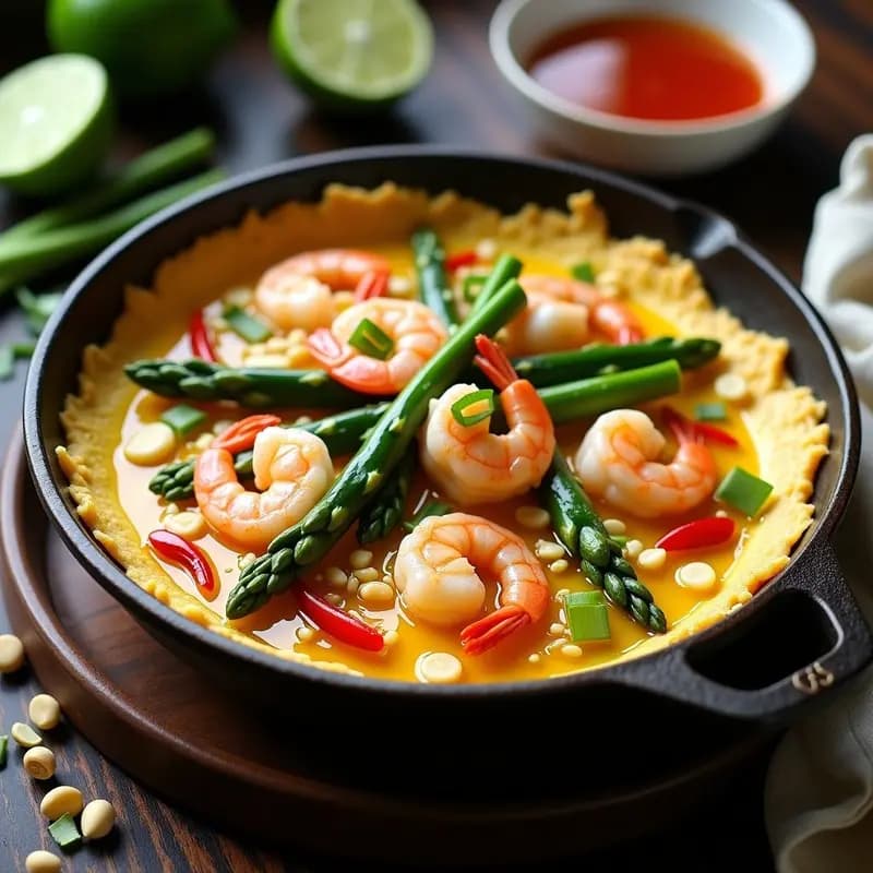 Tortilla de Camarones y Espárragos: Receta Tailandesa Salteada con Ajo y Chile