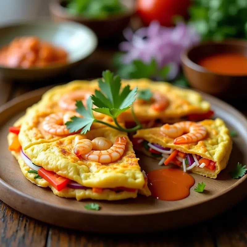 Tortilla de Camarones y Vegetales con Salsa de Chili Dulce: Desayuno Tailandés Alto en Proteína