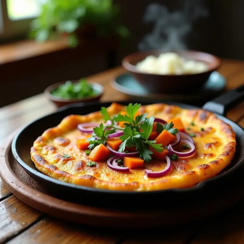 Tortilla de Camote y Cebolla Morada con Hojas de Mostaza: Receta Bangladesí Vegana y Picante