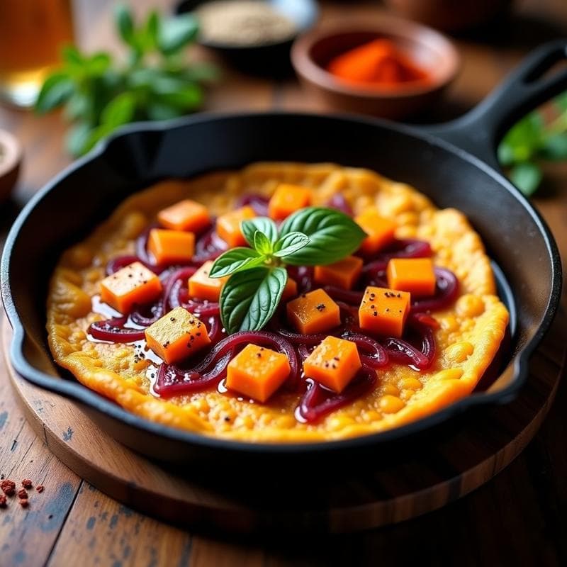 Tortilla de Camote y Cebolla Morada: Receta Vegana en Sartén de Hierro con Aromas Andinos