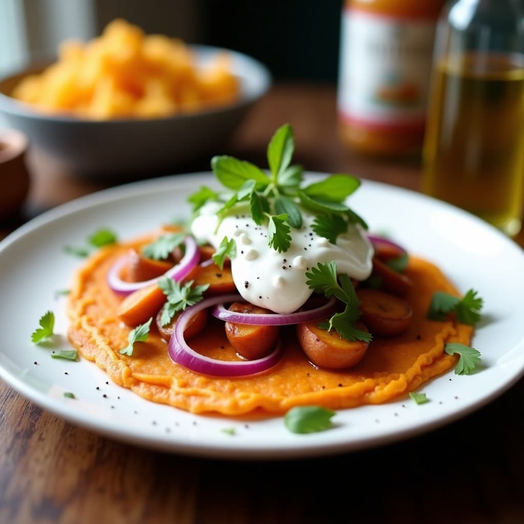 Tortilla de Camote y Ebolla Morada con Salsa de Yogur de Coco: Desayuno Vegano y Sin Gluten