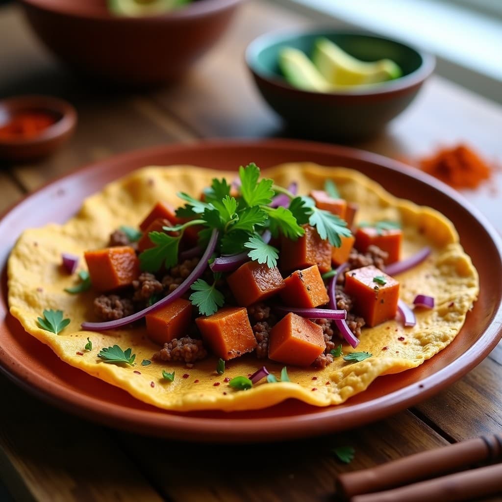 Tortilla de Camote Morado y Chorizo Vegano: Desayuno Mexicano Sin Colesterol