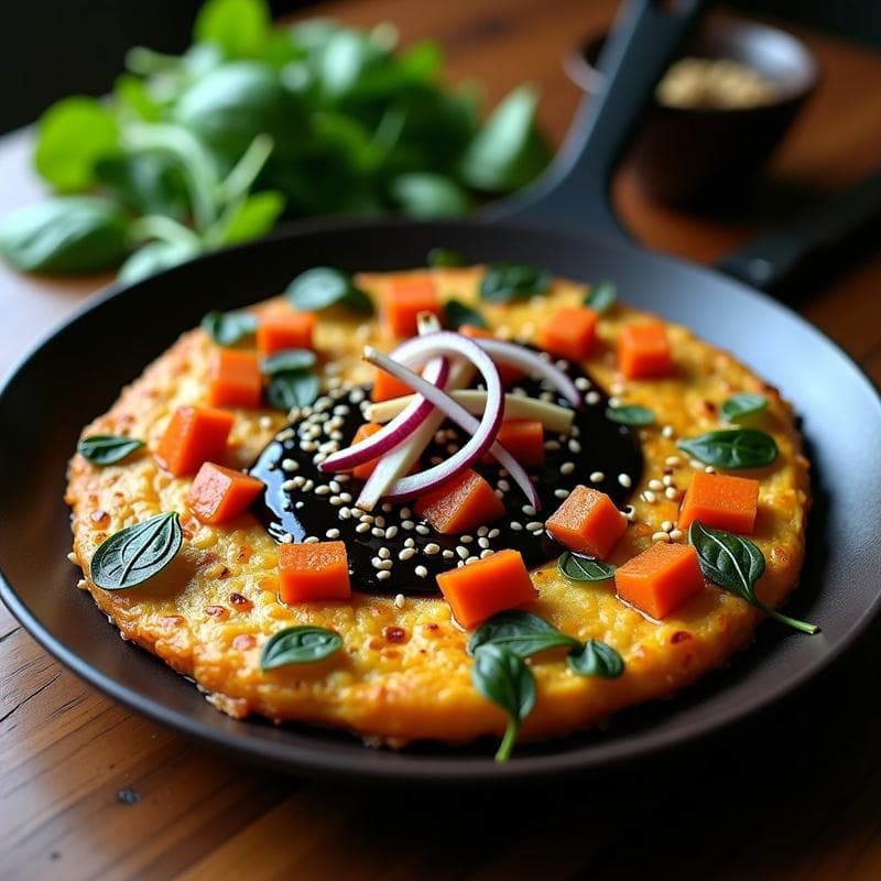 Tortilla de Camote y Espinacas con Salsa de Ajo Negro: Receta Vegana en Sartén