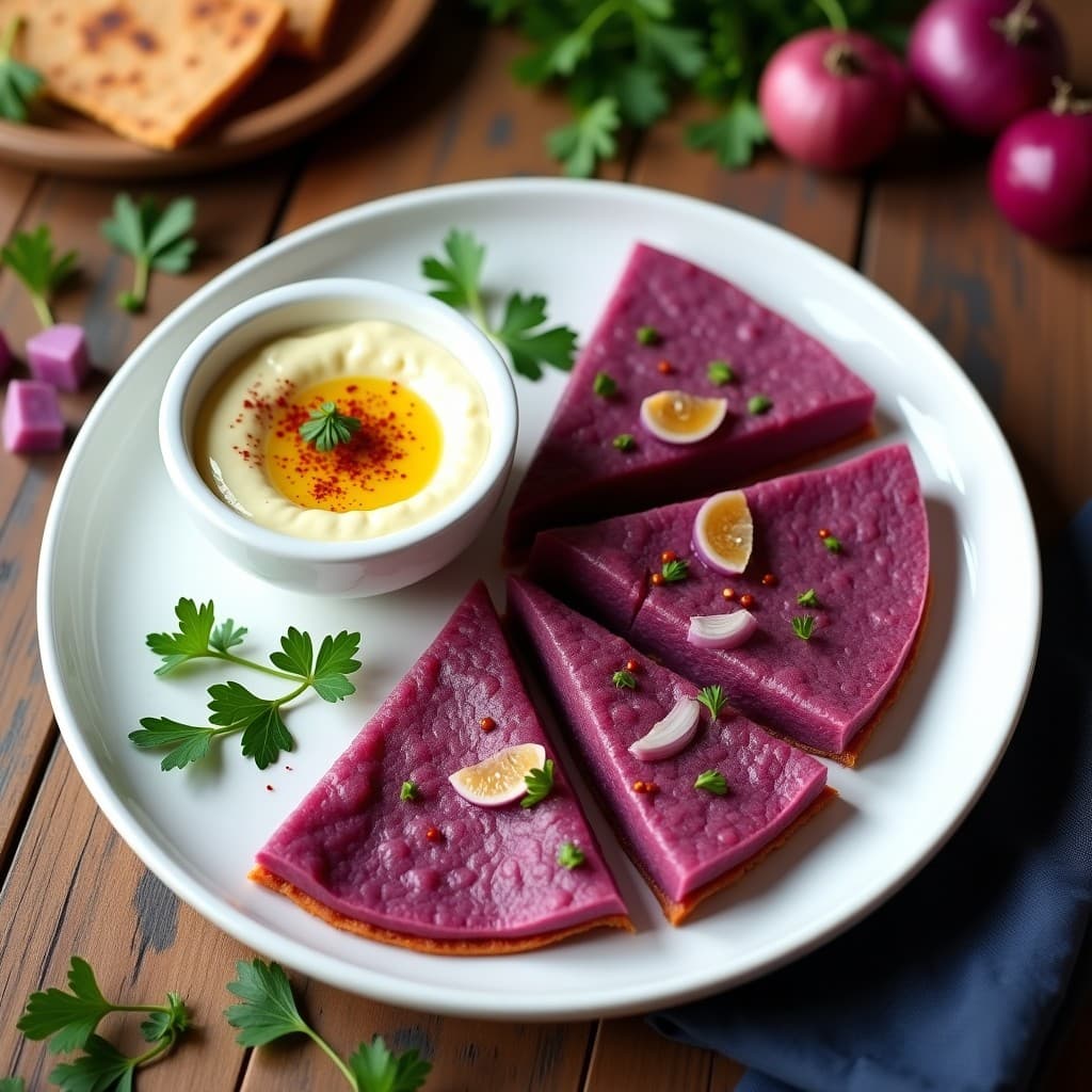 Tortilla de Camote Morado y Cebolla Morada con Alioli de Ajo Negro: Receta Vegana en Thermomix