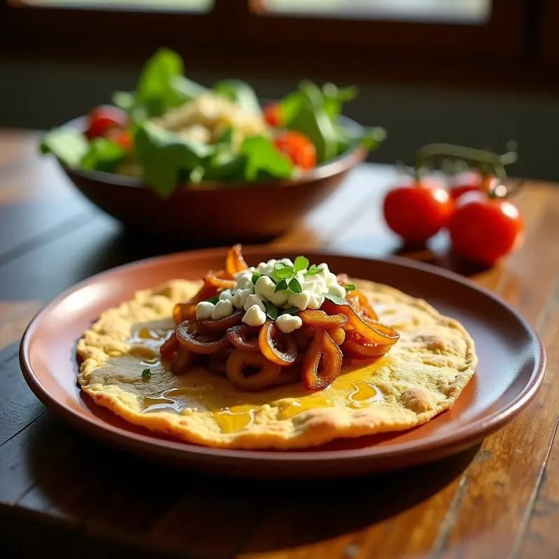 Tortilla de Cebolla Caramelizada y Queso de Cabra Vegano: Receta Sin Huevo con Toque Cremoso en 25 Minutos