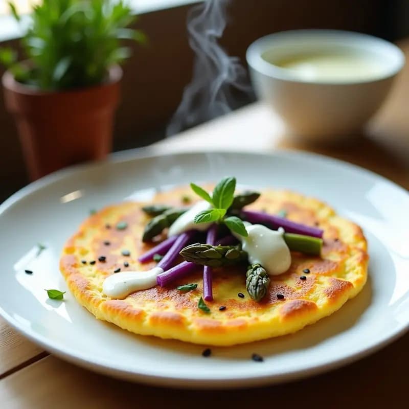 Tortilla de Clarkent (Híbrido de Claras y Kent) con Espárragos Morados y Salsa de Yogur de Soja: Desayuno Proteico en 2 Minutos