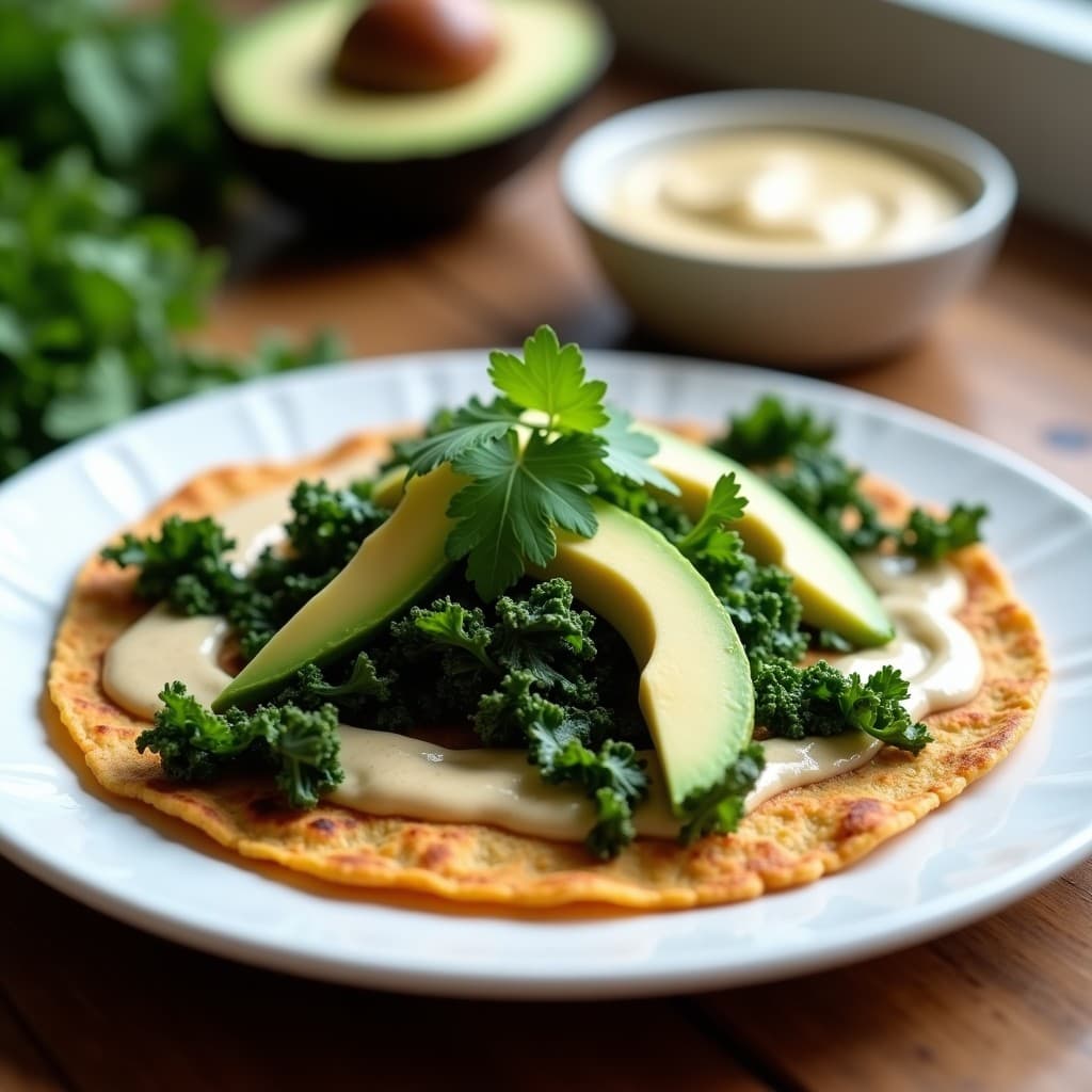 Tortilla de Col Rizada y Semillas de Cáñamo con Salsa de Tahini: Desayuno Keto y Vegano en Sartén