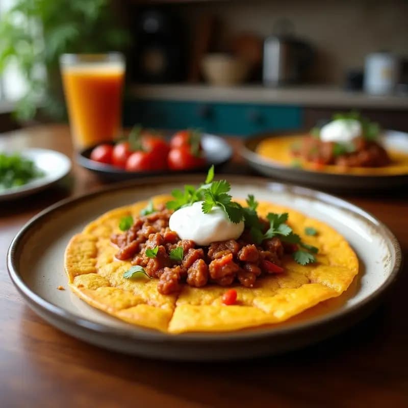Tortilla de Elote y Chili Con Carne: Desayuno Mexicano con Toque Tex-Mex
