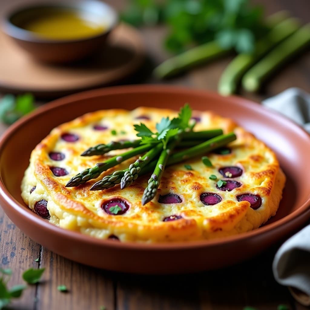 Tortilla de Espárragos trigueros y Patata Morada: Receta Vegana y Sin Lactosa con Toque Español