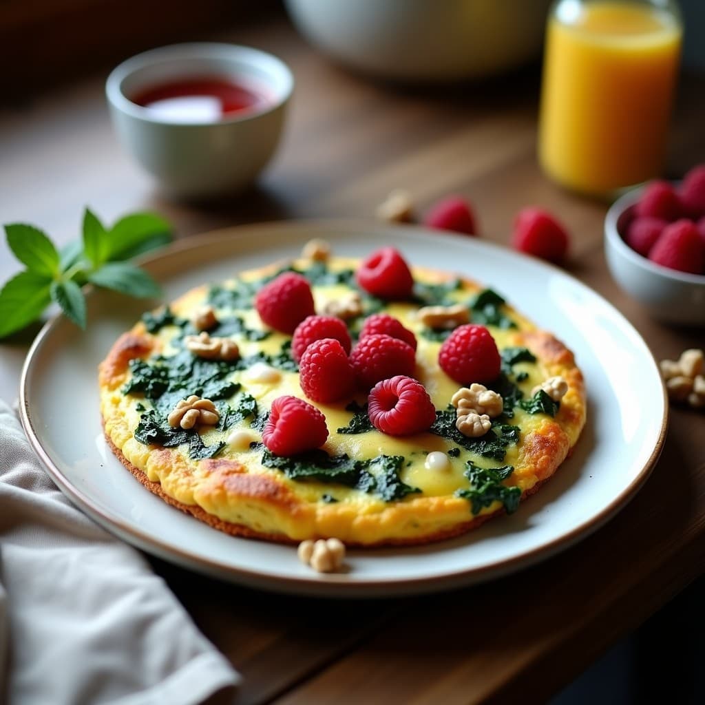 Tortilla de Espinacas y Queso de Cabra con Vinagreta de Frambuesa: Desayuno Gourmet en 10 Minutos