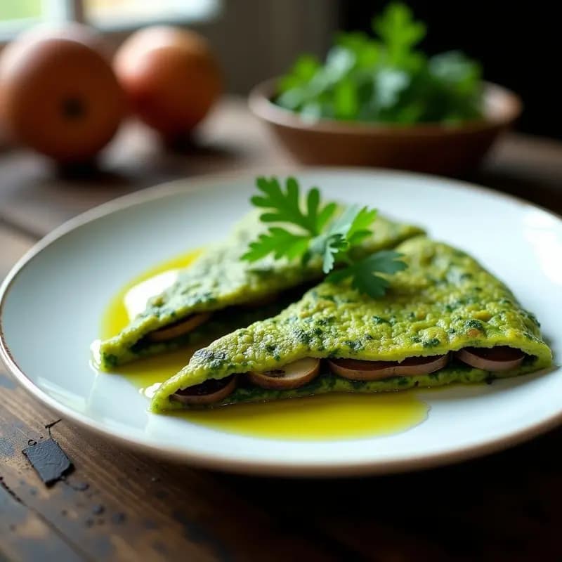 Tortilla de espirulina y champiñones portobello: Desayuno verde energético