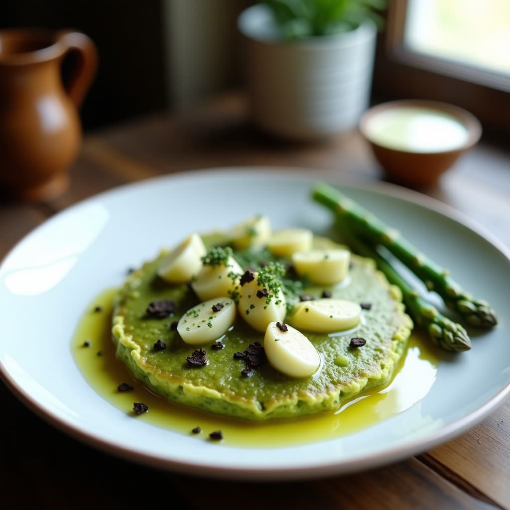 Tortilla de Espirulina y Espárragos Blancos con Aceite de Trufa: Desayuno Alta en Proteína